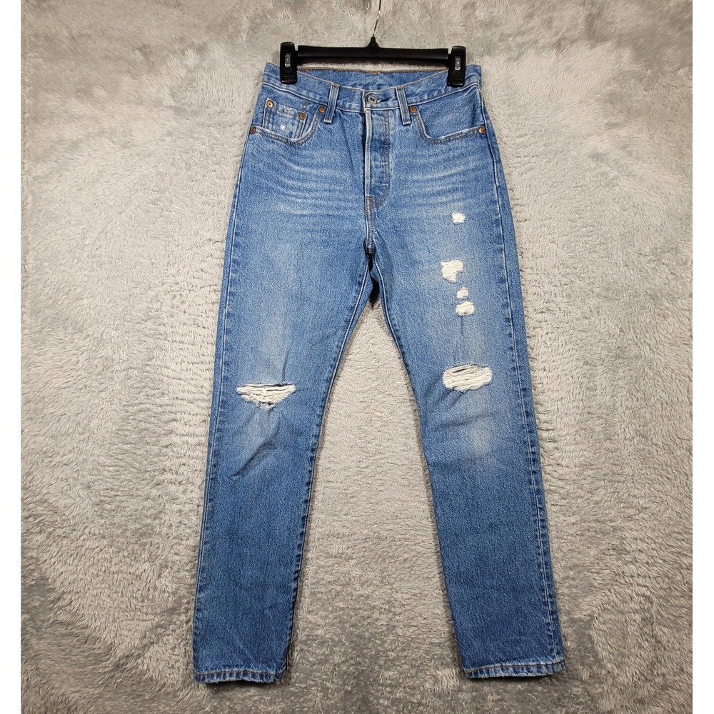 Levis 501 Button Fly Distressed Jeans Mens 25W Denim Blue Ripped Destroyed 27x30